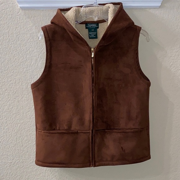 Lauren Ralph Lauren hooded faux suede sherpa-lined vest in brown Size P/S - Picture 6 of 7